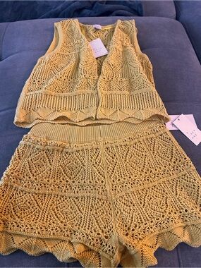 Target Mustard Yellow Crochet Knit Vest and Shorts Set